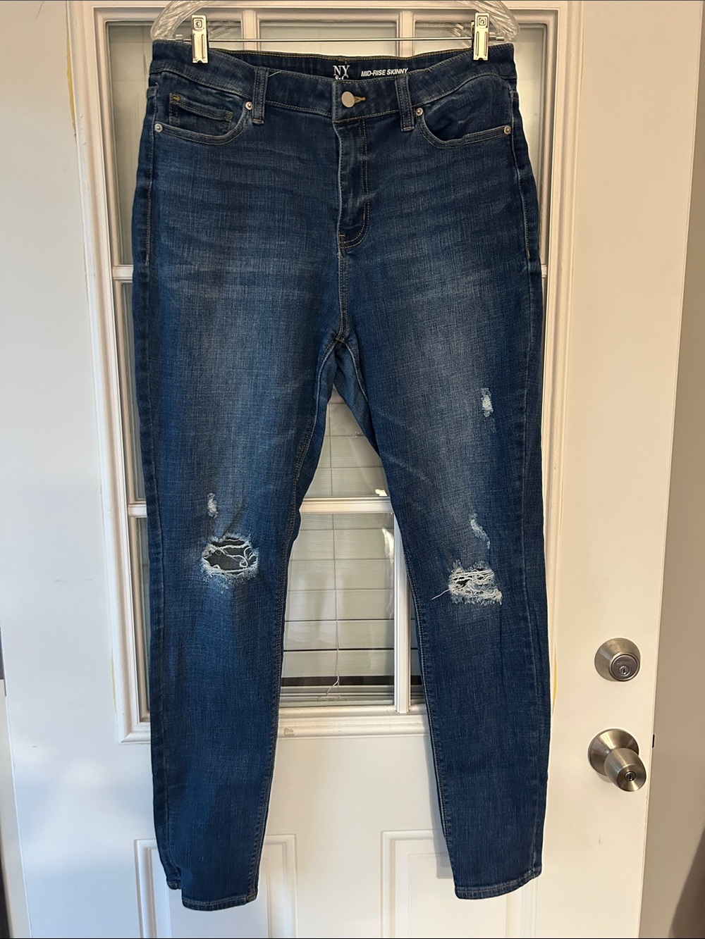 New York & Company Dark Blue Distressed Skinny Jeans